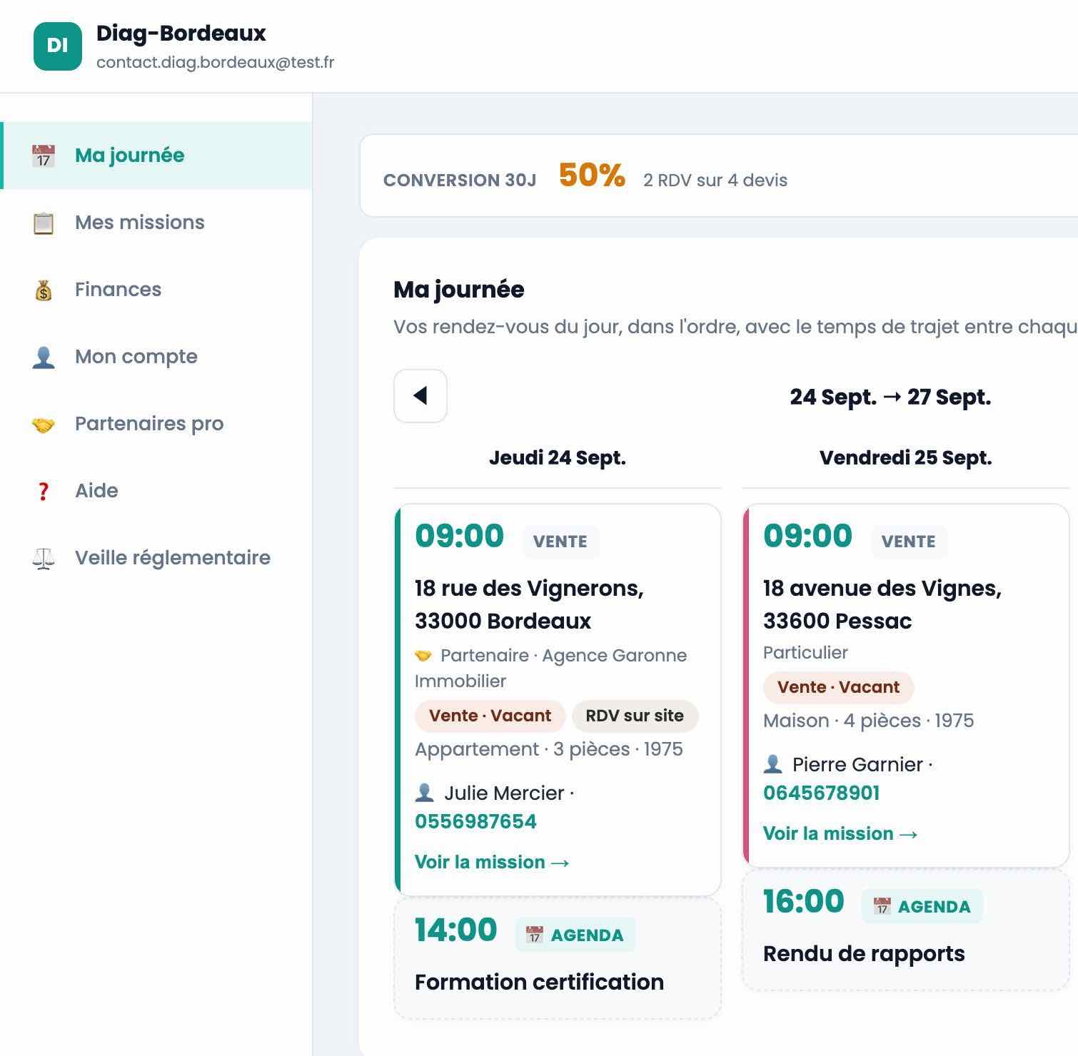 Vue « Ma journée » du diagnostiqueur : rendez-vous de jeudi et vendredi